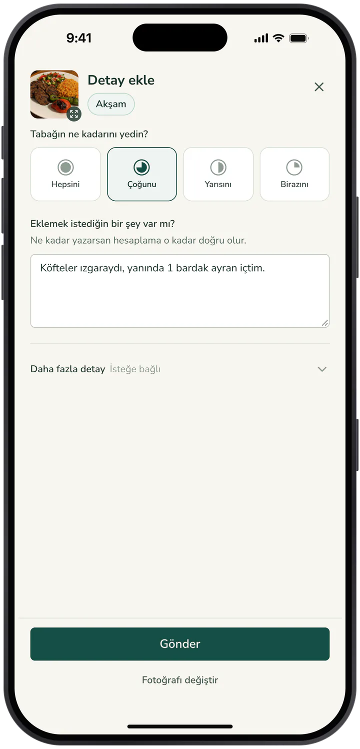 Danışan uygulamasında öğün fotoğrafı ve kısa açıklama, gönderilmeden önce
